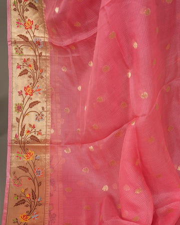 Peach pink Kota saree with stitched blouse