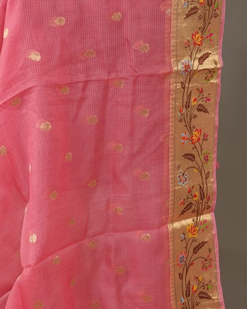 Peach pink Kota saree with stitched blouse