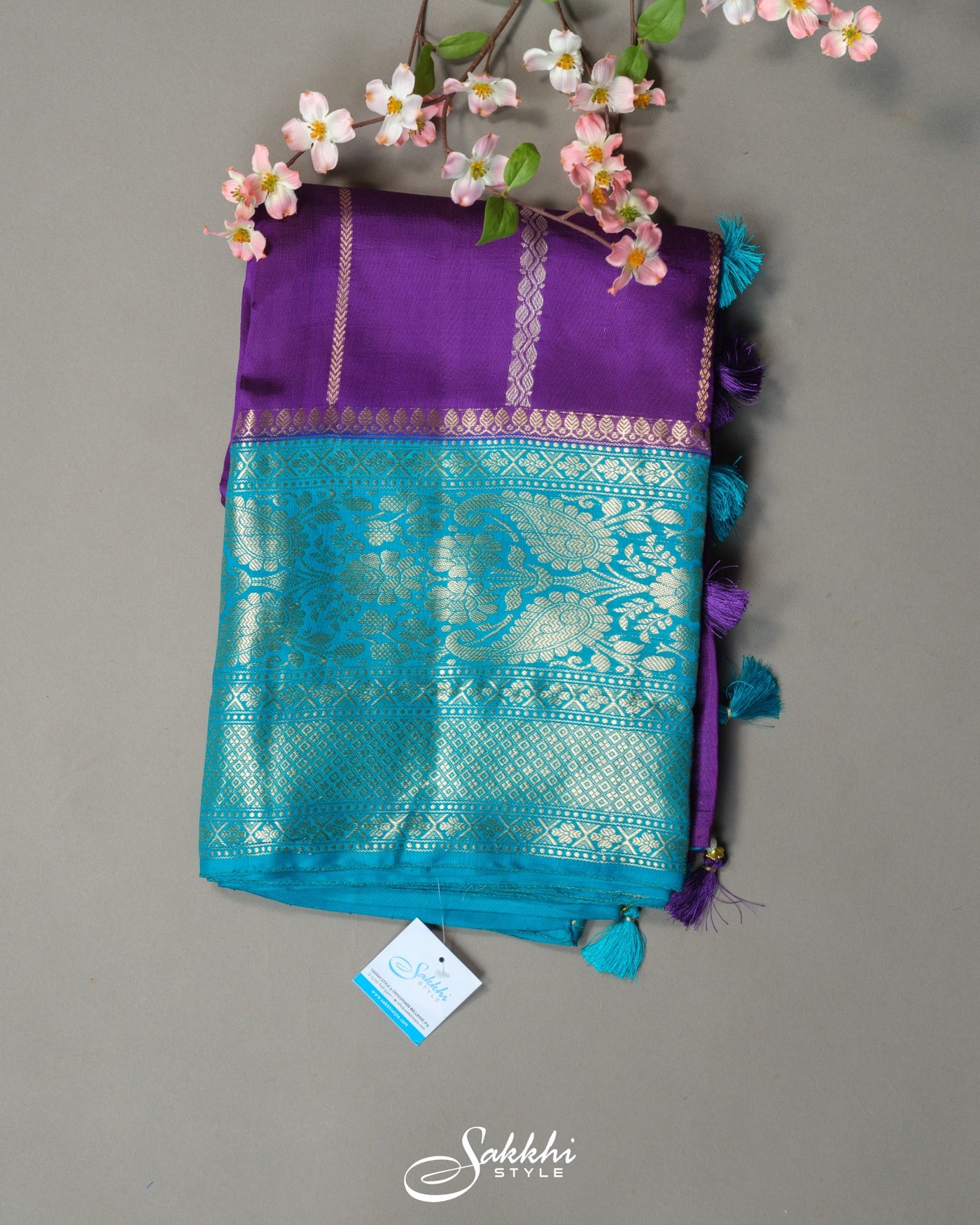 BANARASI RAW MANGO SILK SAREE IN VIOLET AND PEACOCK BLUE HUES