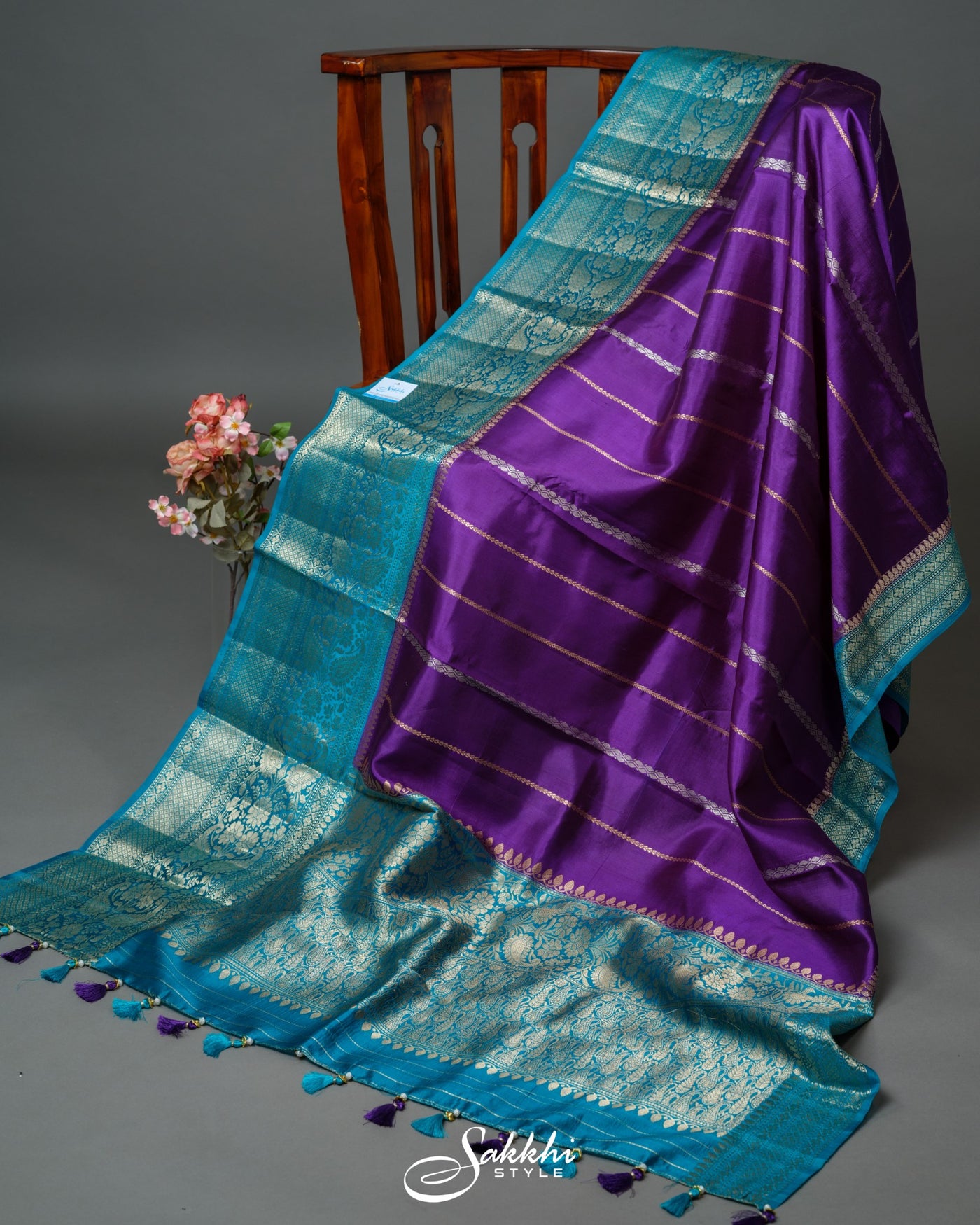 BANARASI RAW MANGO SILK SAREE IN VIOLET AND PEACOCK BLUE HUES