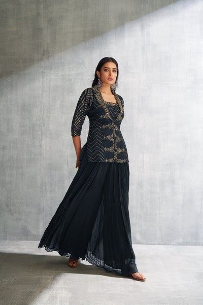 BLACK THREE PIECE PALAZZO SET WITH AN OVERCOAT
