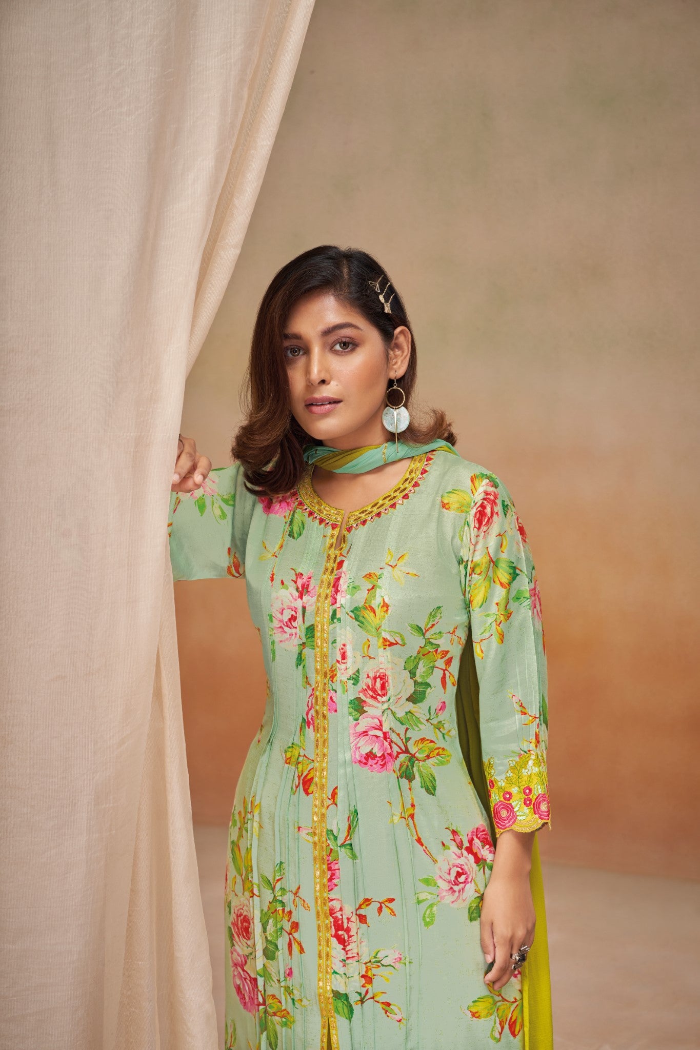 LIME GREEN SALWAR SUIT SET WITH FLORAL PRINTS