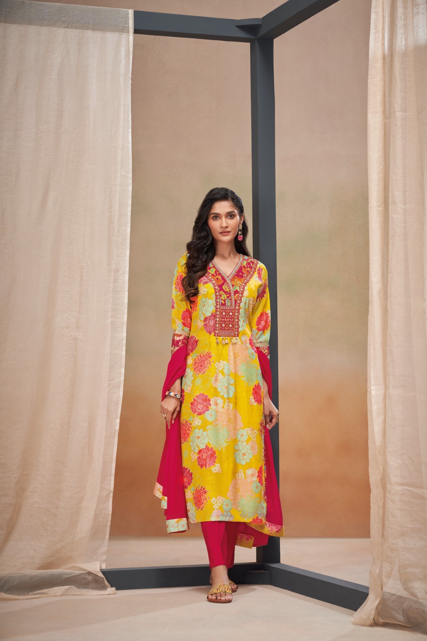 YELLOW AND RED SALWAR SUIT SET WITH FLORAL PRINTS