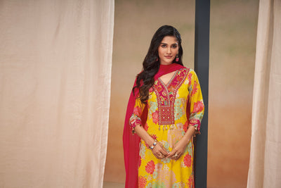 YELLOW AND RED SALWAR SUIT SET WITH FLORAL PRINTS