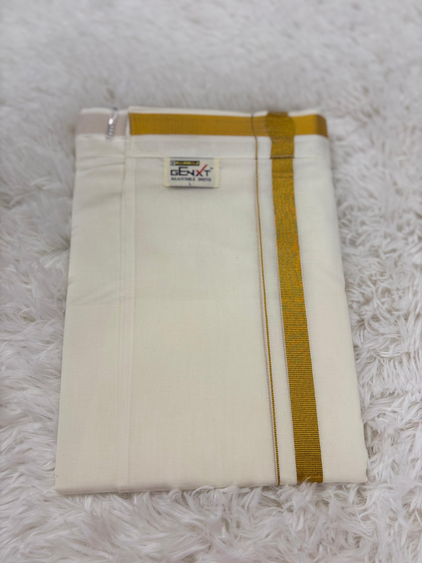Men’s Cream Cotton Dhoti/Pancha with Golden Zari Border & Sticker Closure