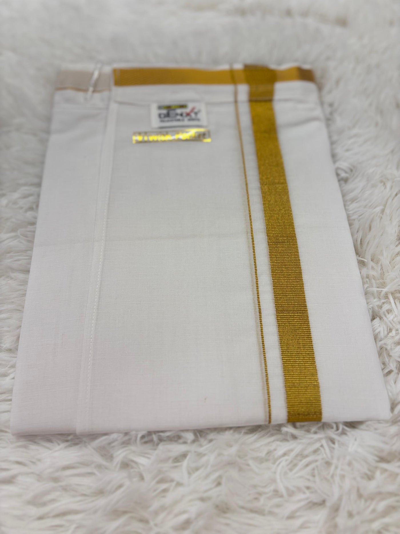 Men’s White Cotton Dhoti/Pancha with Golden Zari Border & Sticker Closure