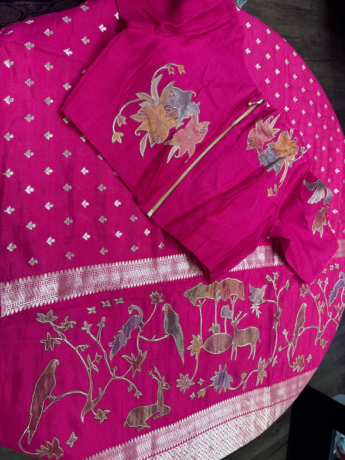 Chinia Silk Zari Saree in Pink with Tissue Digital Pallu and Stitched Blouse