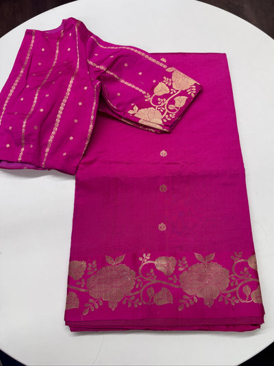 Silk Chinia Kadhuwa Zari Saree in Pink with Stitched Blouse