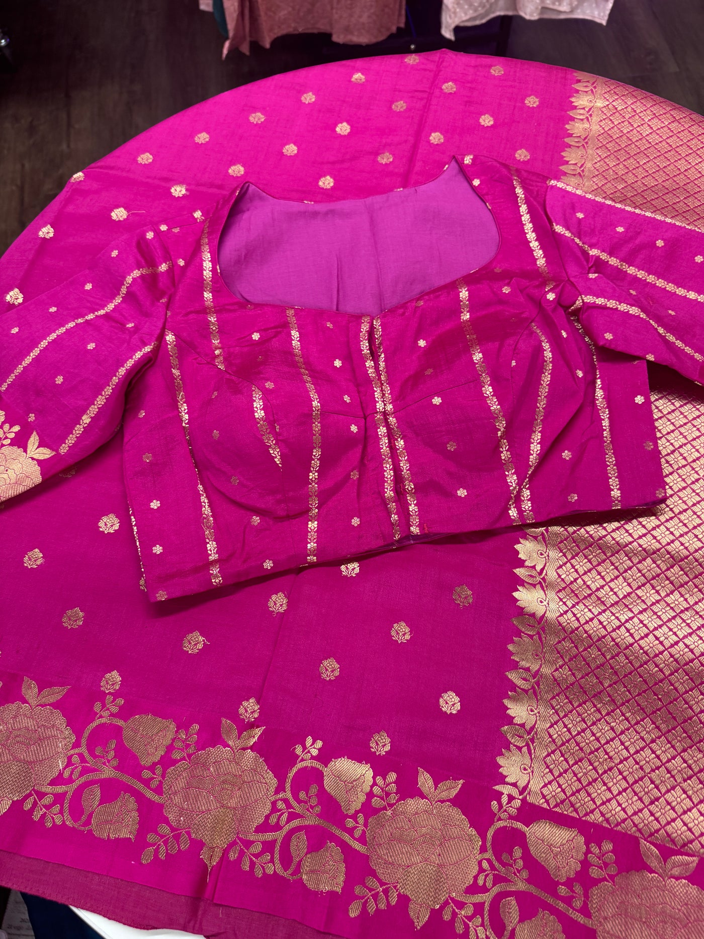 Silk Chinia Kadhuwa Zari Saree in Pink with Stitched Blouse
