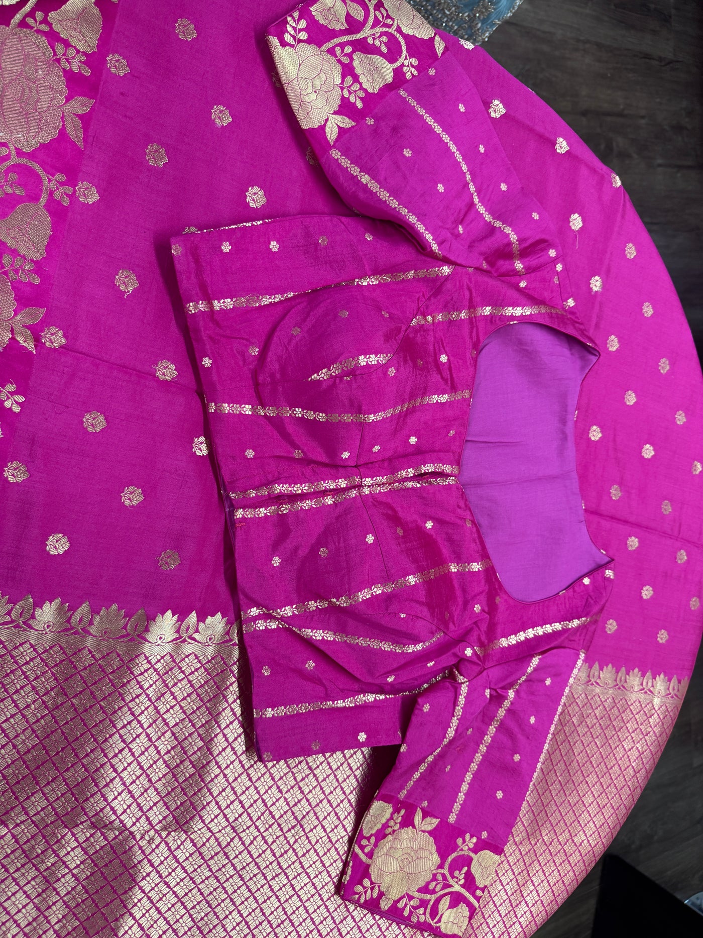 Silk Chinia Kadhuwa Zari Saree in Pink with Stitched Blouse