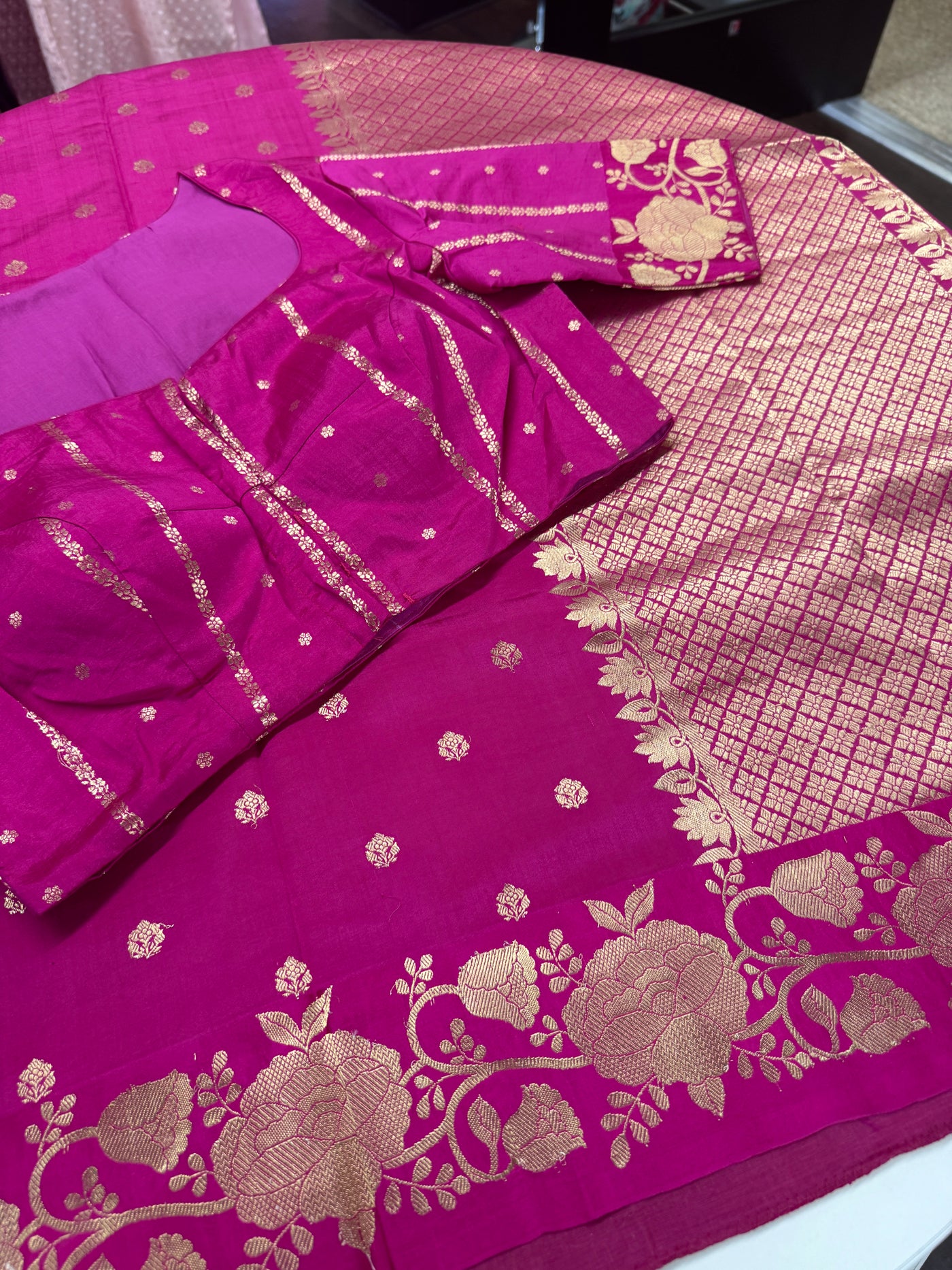 Silk Chinia Kadhuwa Zari Saree in Pink with Stitched Blouse