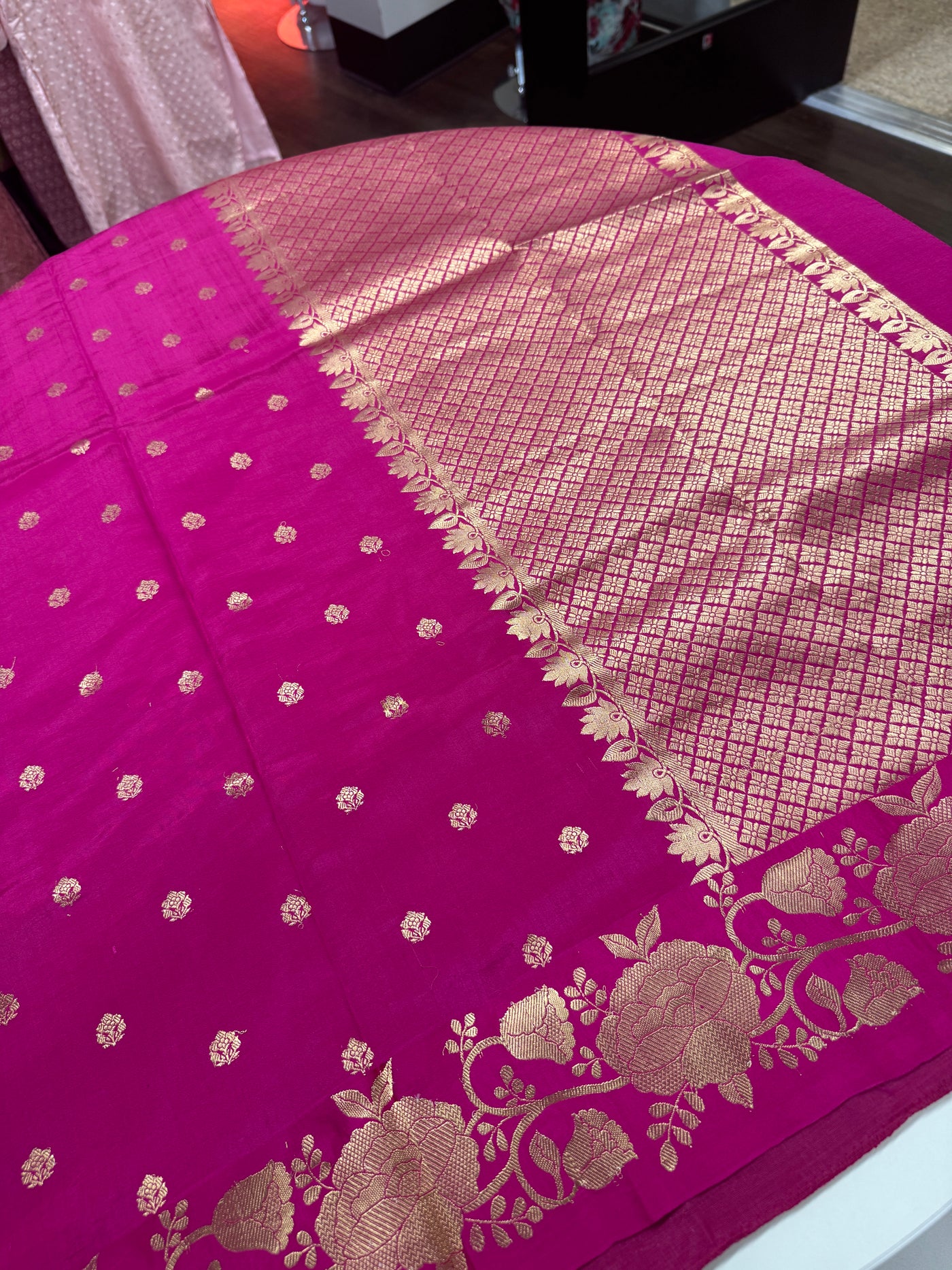 Silk Chinia Kadhuwa Zari Saree in Pink with Stitched Blouse