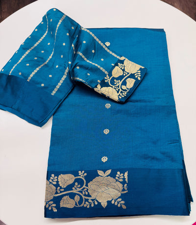 Silk Chinia Kadhuwa Zari Saree in Teal Blue with Stitched Blouse