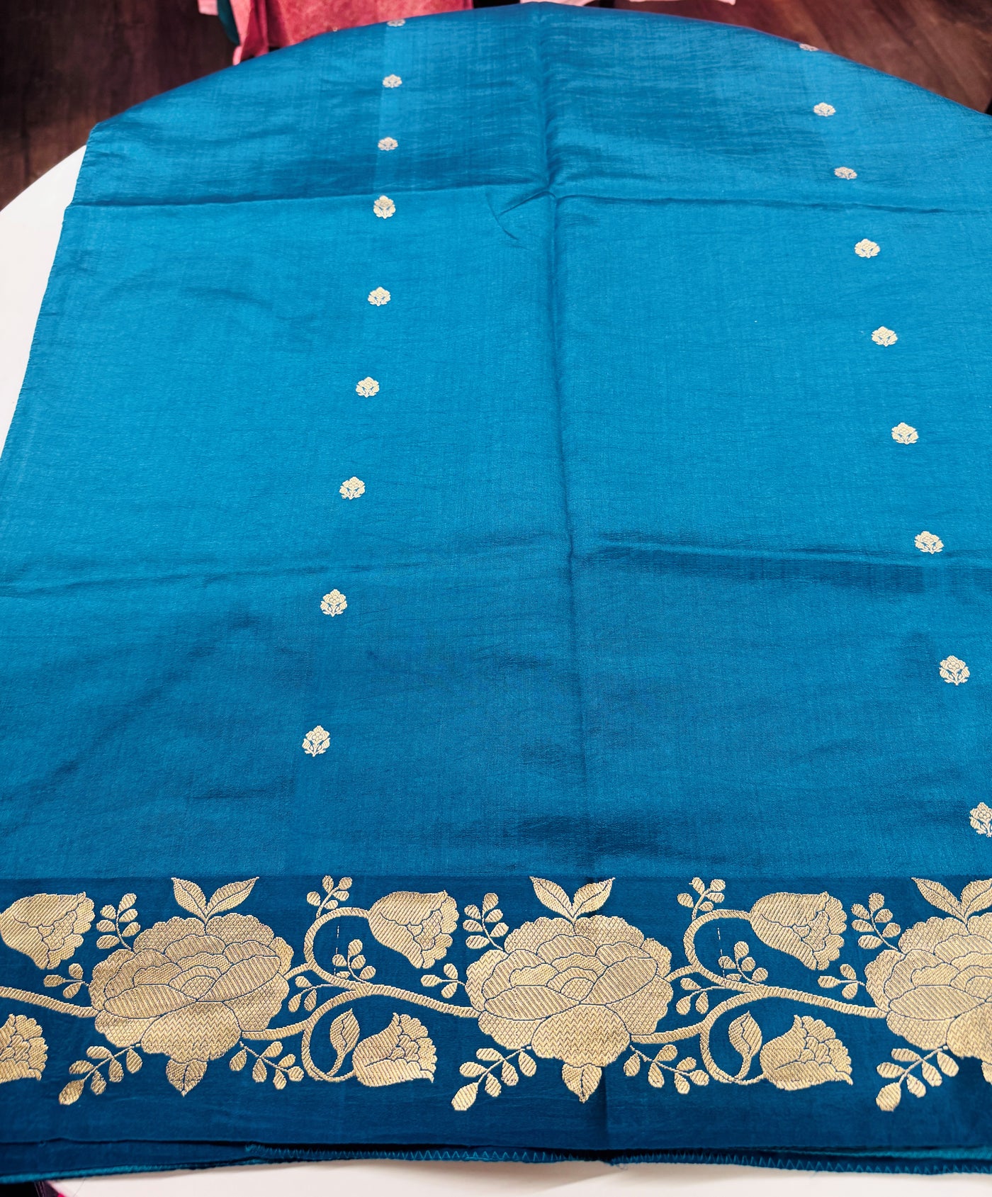 Silk Chinia Kadhuwa Zari Saree in Teal Blue with Stitched Blouse