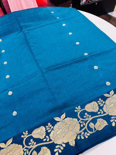 Silk Chinia Kadhuwa Zari Saree in Teal Blue with Stitched Blouse