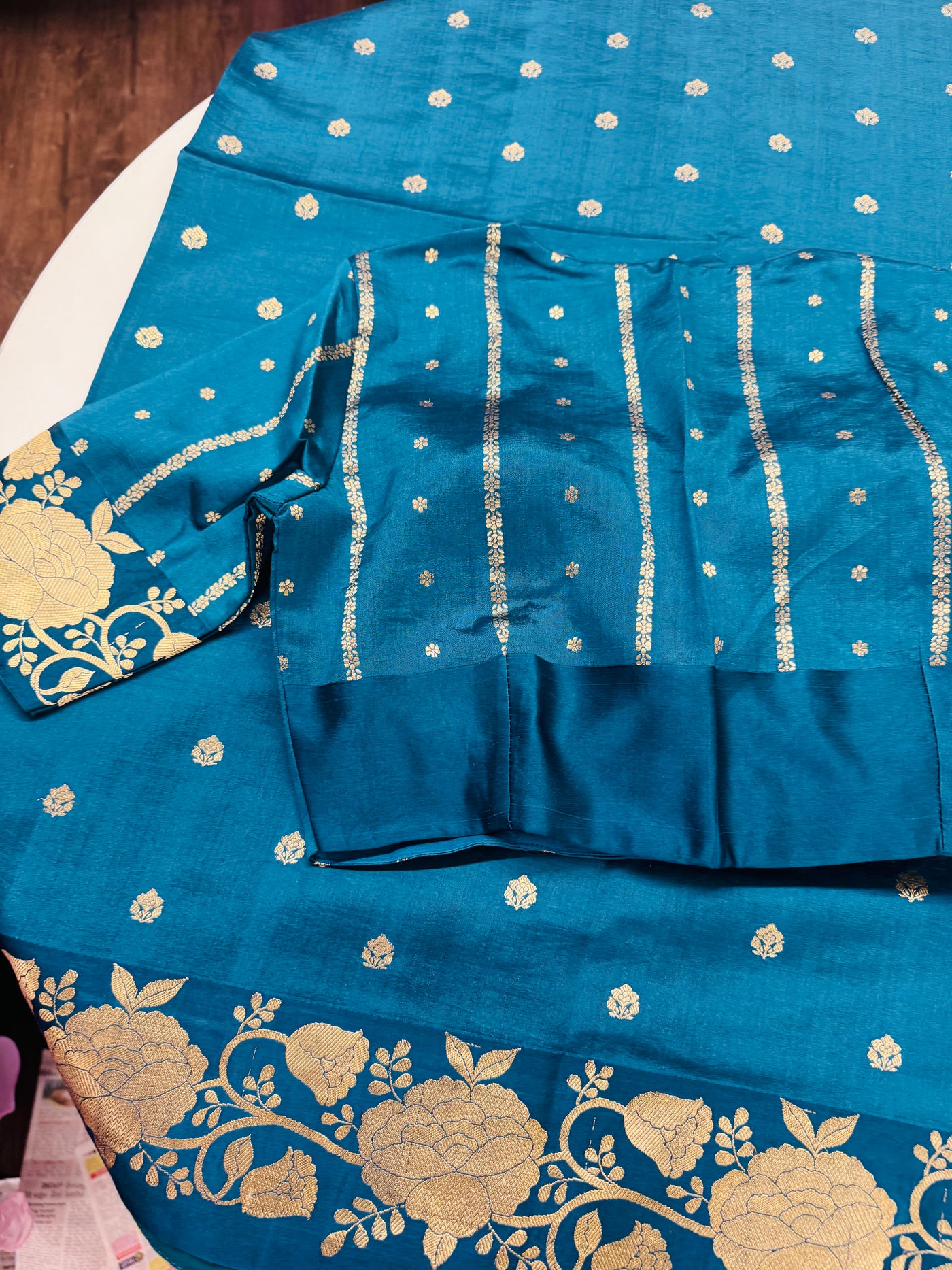 Silk Chinia Kadhuwa Zari Saree in Teal Blue with Stitched Blouse