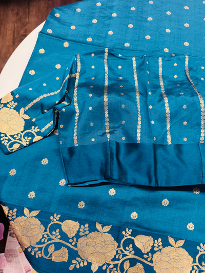 Silk Chinia Kadhuwa Zari Saree in Teal Blue with Stitched Blouse