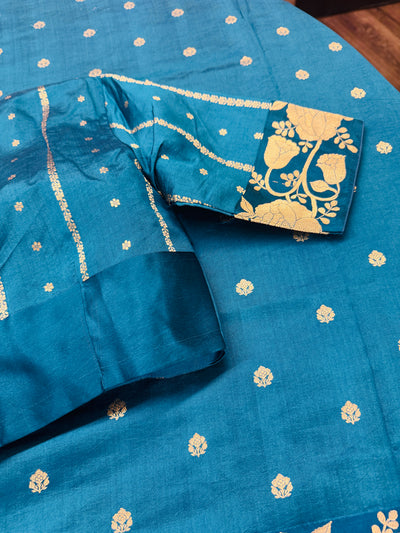 Silk Chinia Kadhuwa Zari Saree in Teal Blue with Stitched Blouse