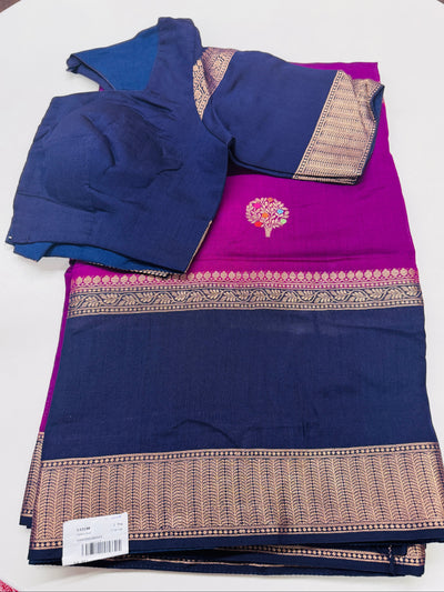 Purple Silk Chinia Saree with Gold Zari Border and Navy Blue Stitched Blouse