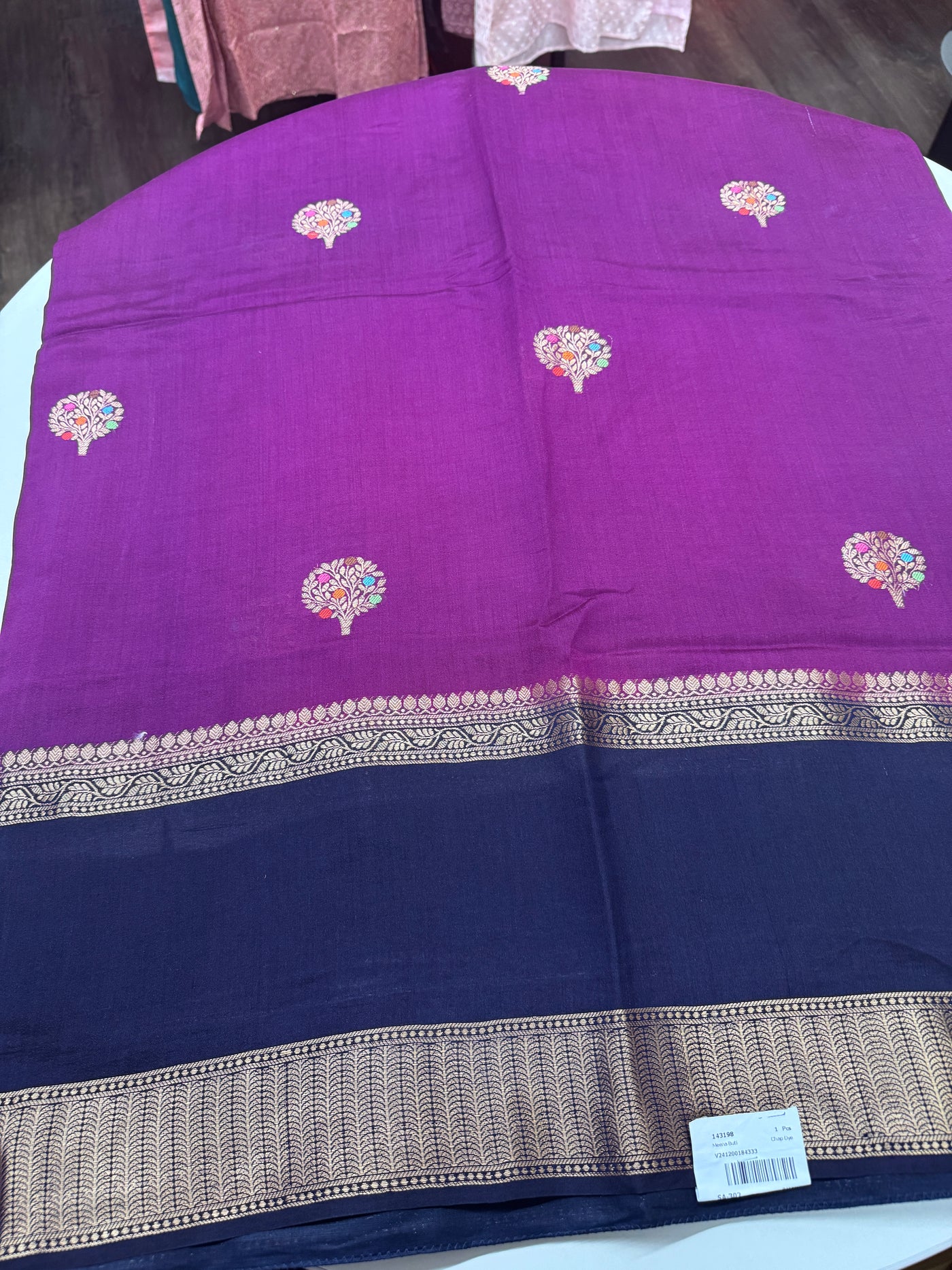 Purple Silk Chinia Saree with Gold Zari Border and Navy Blue Stitched Blouse