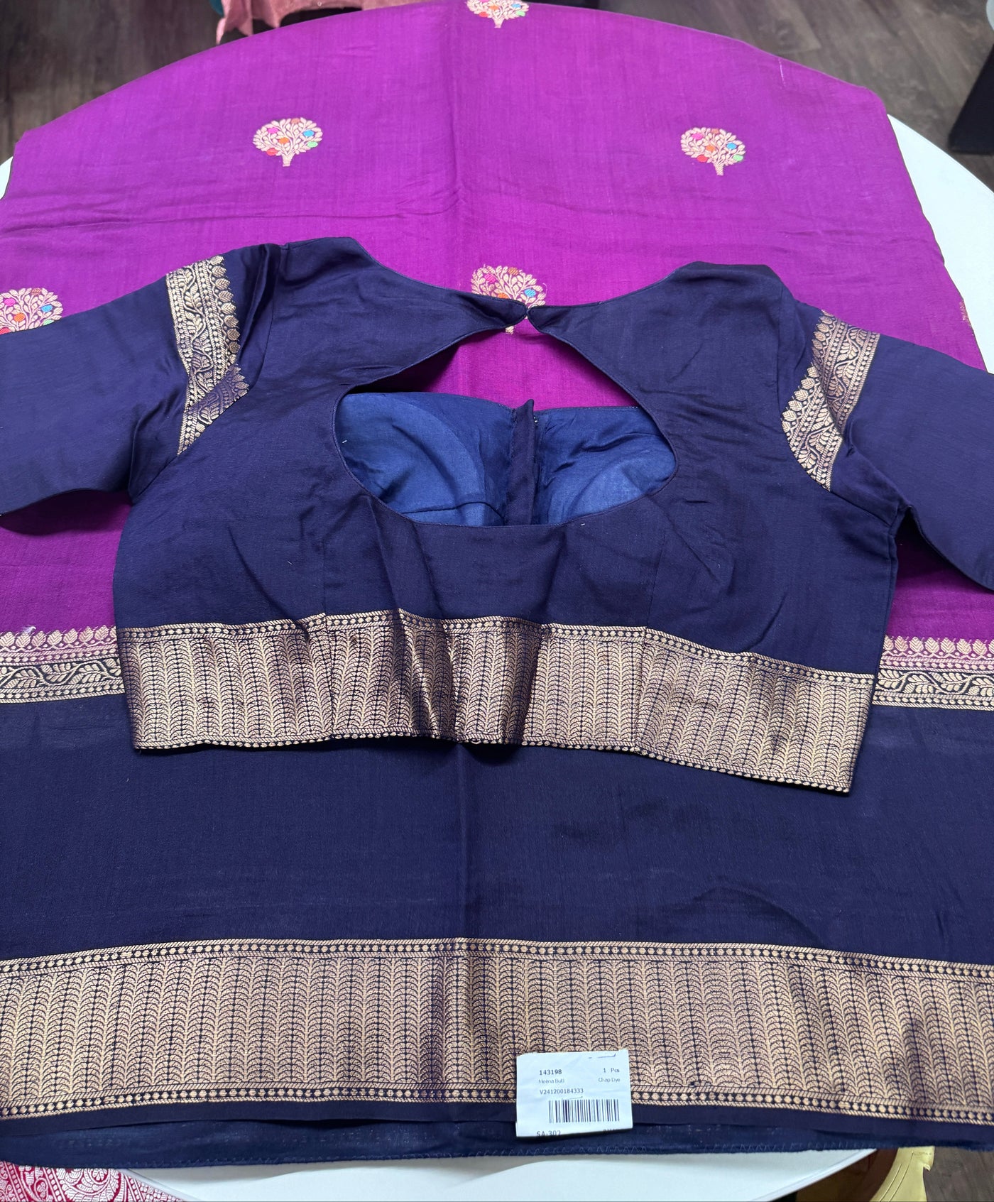 Purple Silk Chinia Saree with Gold Zari Border and Navy Blue Stitched Blouse