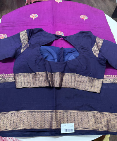 Purple Silk Chinia Saree with Gold Zari Border and Navy Blue Stitched Blouse