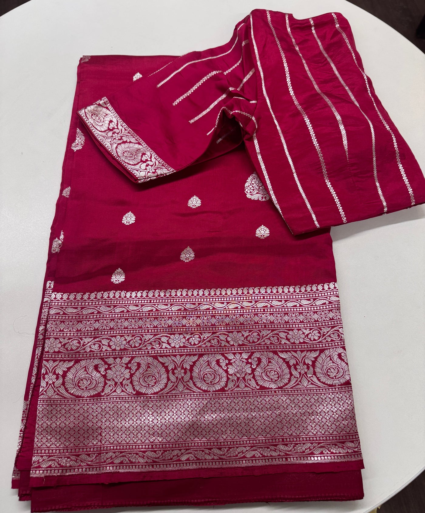 Puna Silk Saree in Dark Pink with Silver Zari Border and Blouse