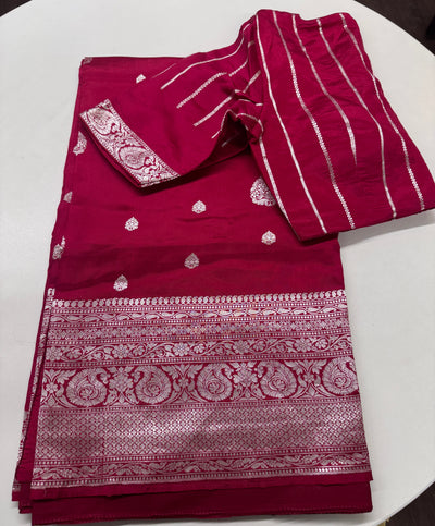 Puna Silk Saree in Dark Pink with Silver Zari Border and Blouse
