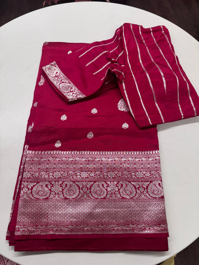 Puna Silk Saree in Dark Pink with Silver Zari Border and Blouse