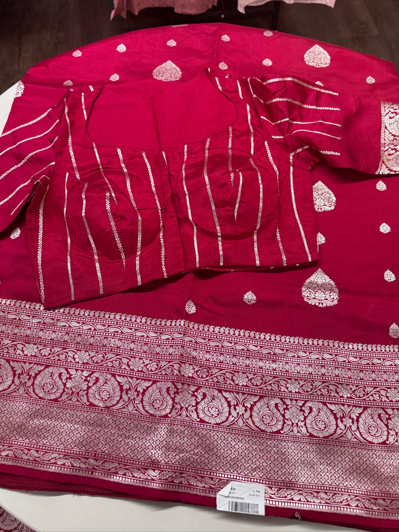 Puna Silk Saree in Dark Pink with Silver Zari Border and Blouse