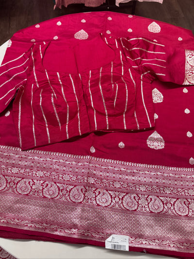 Puna Silk Saree in Dark Pink with Silver Zari Border and Blouse