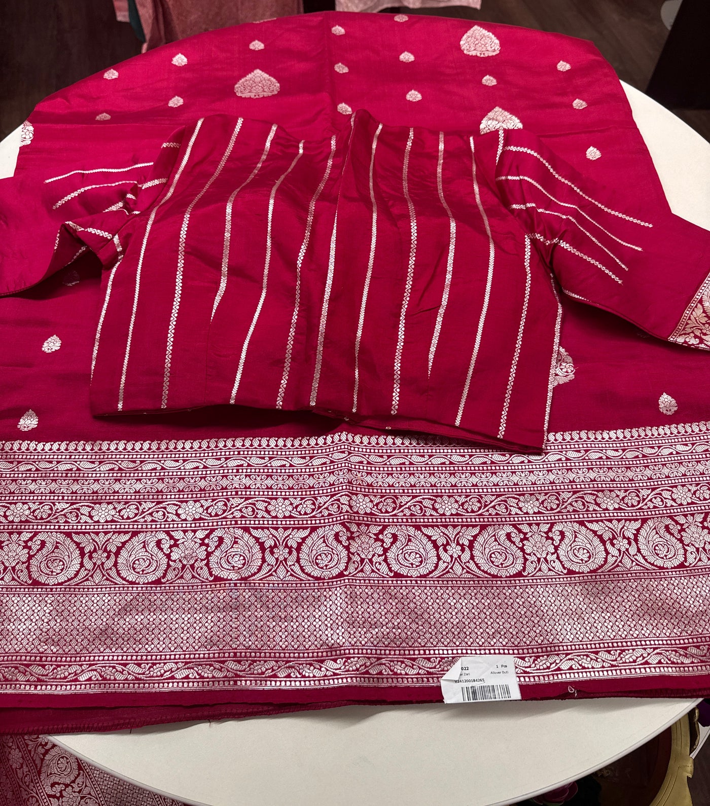 Puna Silk Saree in Dark Pink with Silver Zari Border and Blouse