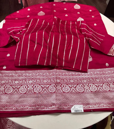Puna Silk Saree in Dark Pink with Silver Zari Border and Blouse