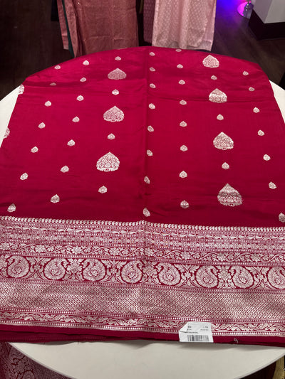 Puna Silk Saree in Dark Pink with Silver Zari Border and Blouse