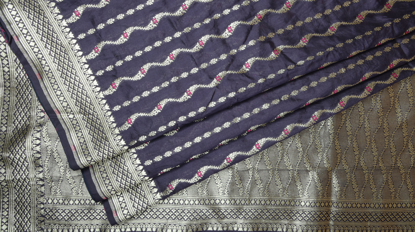 NAVY BLUE BANARAS FANCY SILK SAREE - Sakkhi Style