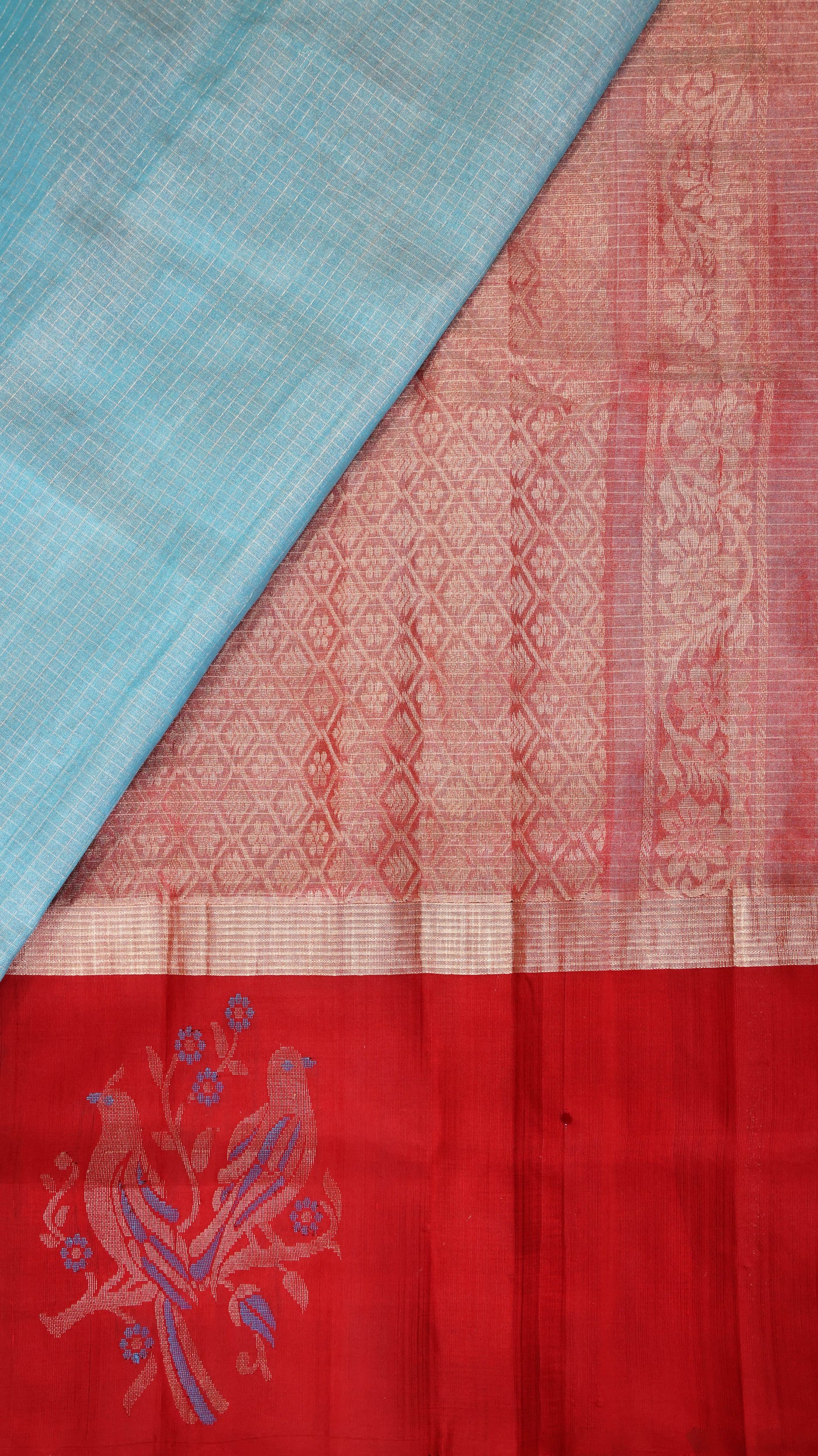 KUPPADAM SILK SAREE IN CADET BLUE AND RED HUES - Sakkhi Style