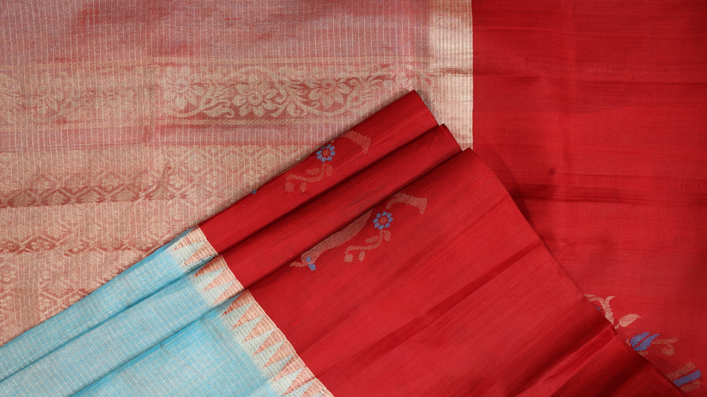 KUPPADAM SILK SAREE IN CADET BLUE AND RED HUES - Sakkhi Style