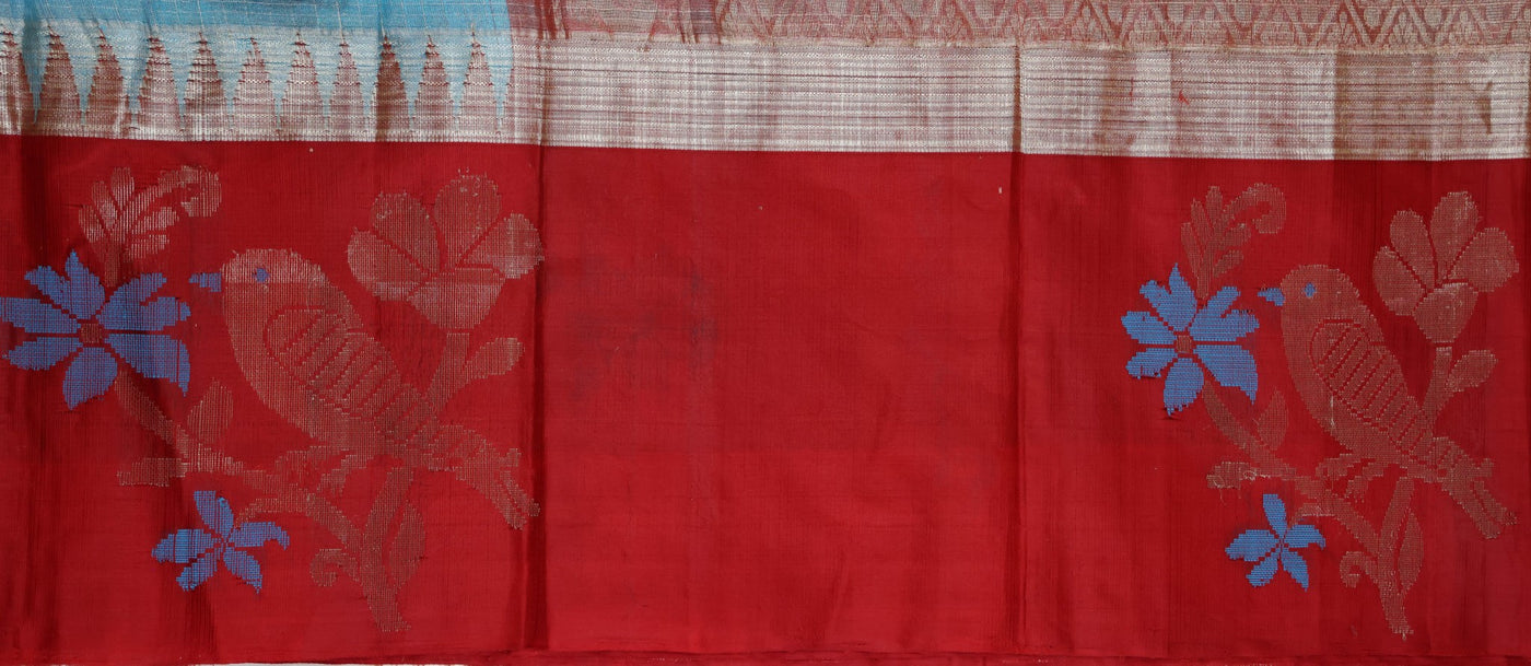 KUPPADAM SILK SAREE IN SKY BLUE AND RED HUES - Sakkhi Style