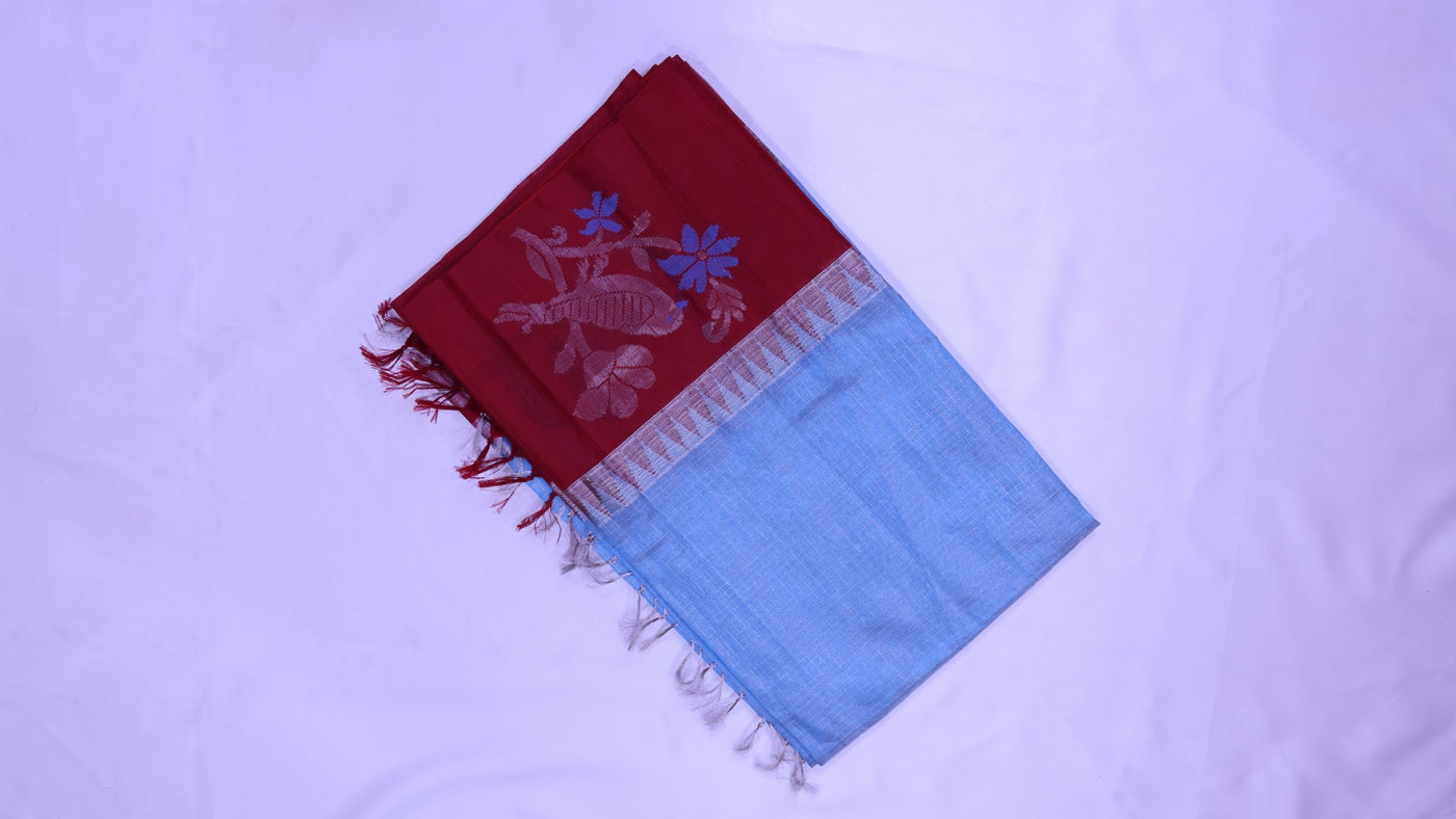 KUPPADAM SILK SAREE IN SKY BLUE AND RED HUES - Sakkhi Style