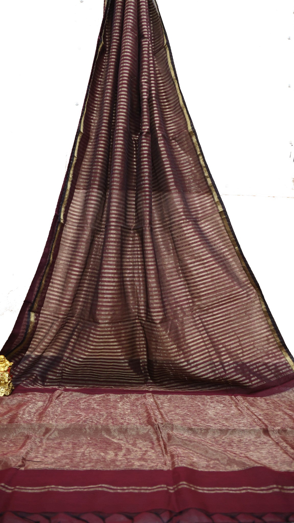 BROWN COLORED MAHESHWARI SILK COTTON SAREE WITH STITCHED BLOUSE - Sakkhi Style