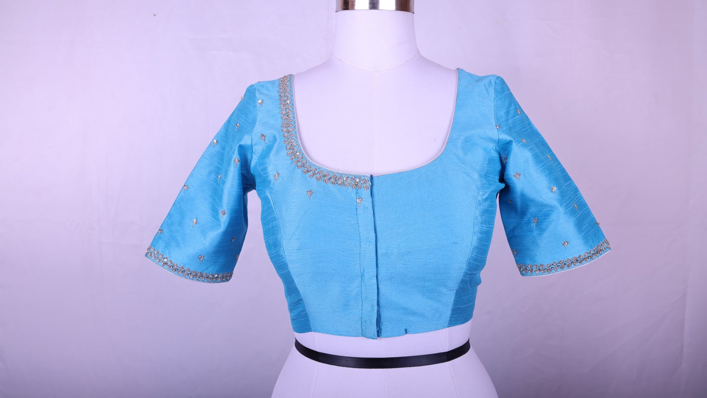 BLUE RAW SILK BLOUSE WITH MAGGAM WORK - Sakkhi Style