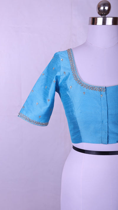 BLUE RAW SILK BLOUSE WITH MAGGAM WORK - Sakkhi Style
