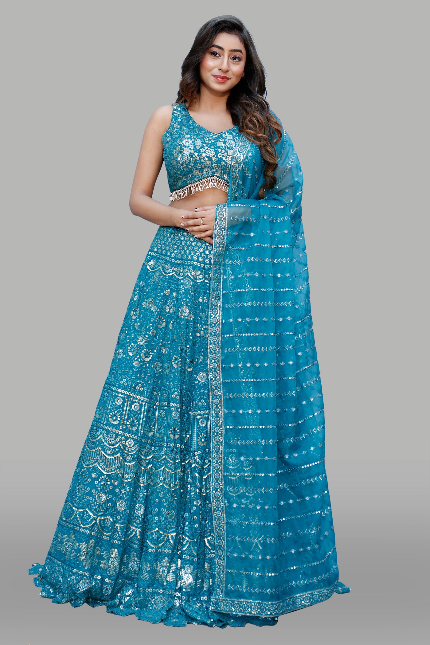 AQUA BLUE LEHENGA CHOLI SET WITH DUPATTA - Sakkhi Style