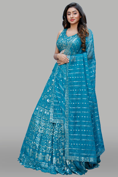 AQUA BLUE LEHENGA CHOLI SET WITH DUPATTA - Sakkhi Style