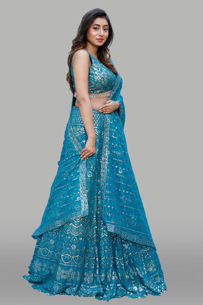 AQUA BLUE LEHENGA CHOLI SET WITH DUPATTA - Sakkhi Style