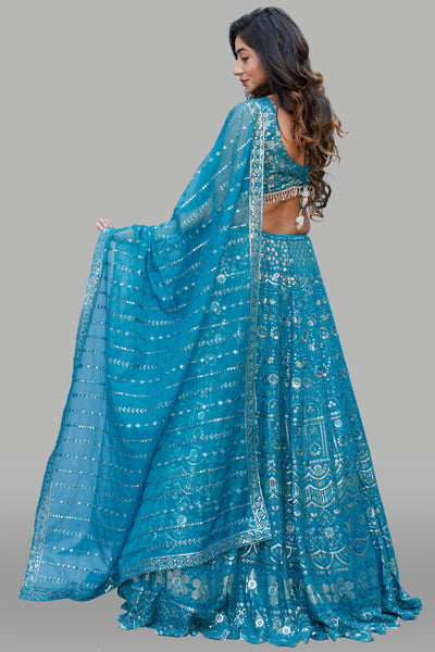 AQUA BLUE LEHENGA CHOLI SET WITH DUPATTA - Sakkhi Style