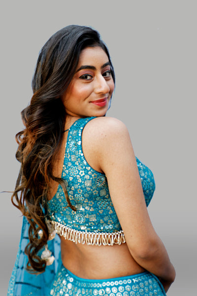 AQUA BLUE LEHENGA CHOLI SET WITH DUPATTA - Sakkhi Style