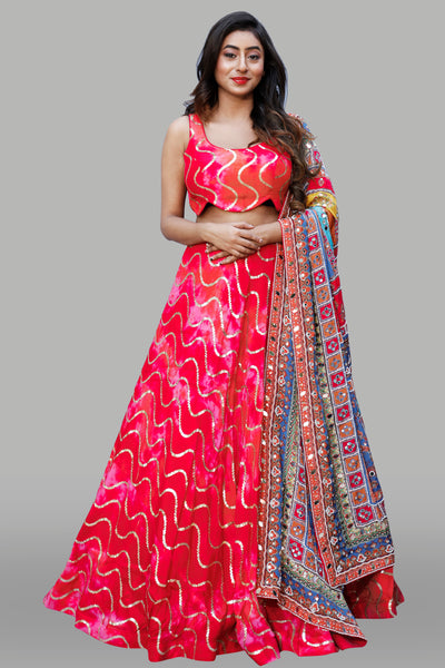PINK LEHENGA CHOLI SET WITH MULTI COLOURED DUPATTA - Sakkhi Style
