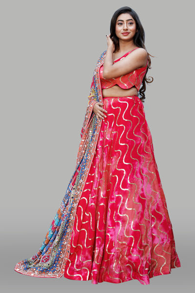 PINK LEHENGA CHOLI SET WITH MULTI COLOURED DUPATTA - Sakkhi Style