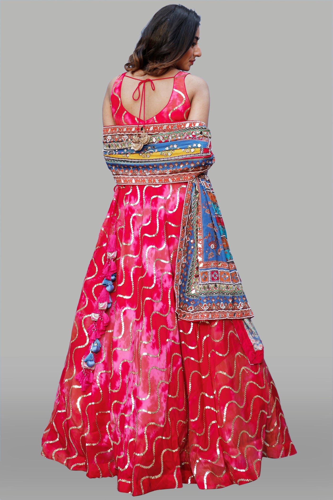 PINK LEHENGA CHOLI SET WITH MULTI COLOURED DUPATTA - Sakkhi Style